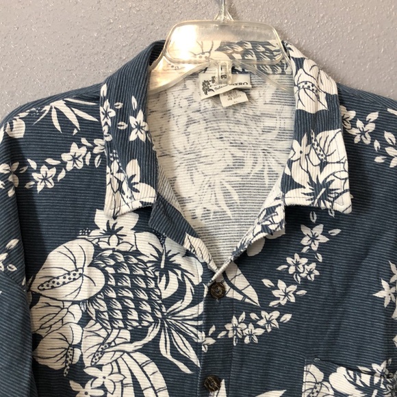 Vintage Point Zero bark cloth Hawiian shirt Men's XL blue white floral tropical - Picture 2 of 10